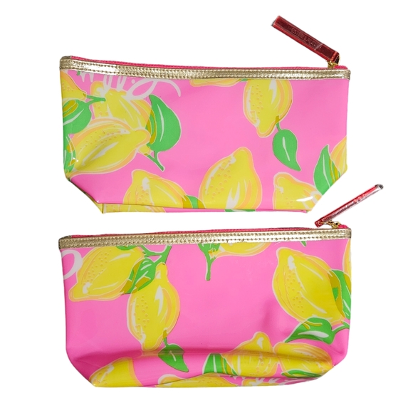 Lilly Pulitzer Estee Lauder PVC Pink Lemons Makeup Bag Lot Of 2 Clean 9.5x5x2 - Picture 2 of 12